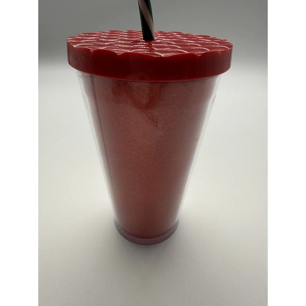 Starbucks Red Glitter Christmas Tumbler BPA free Green Stripe Straw‎ 16 oz